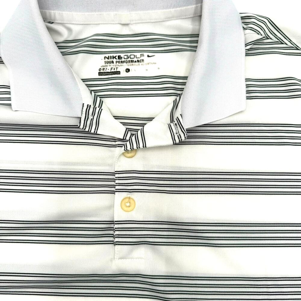 NIKE Men's Large Golf Tour Performance Dri Fit White Black Striped Polo Shirt